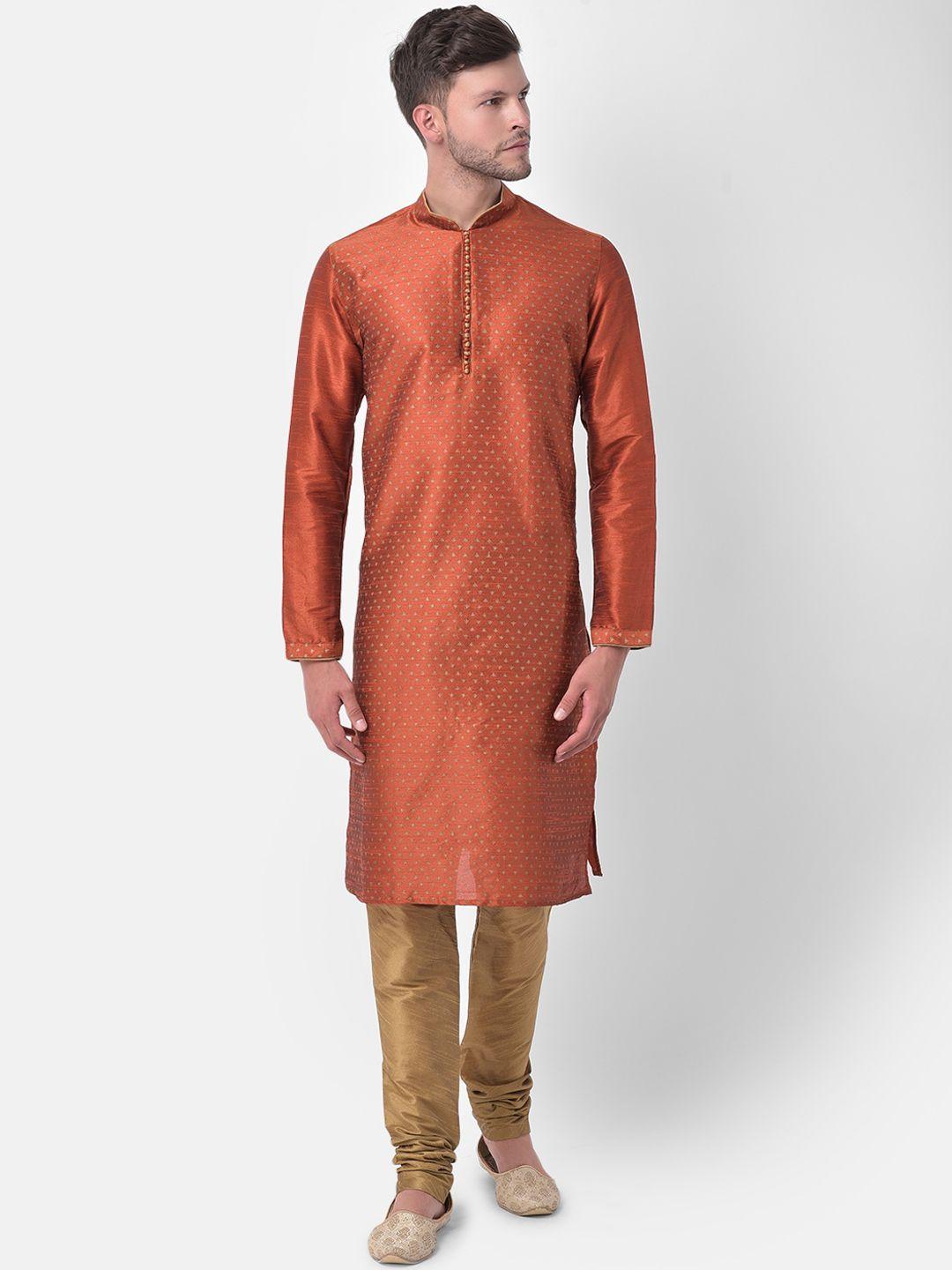 deyann men orange ethnic motifs regular dupion silk kurta with churidar