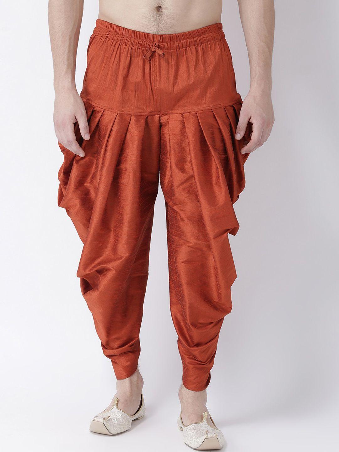 deyann men orange solid dupion silk dhoti pants