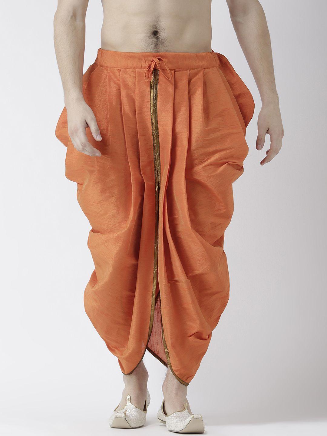 deyann men orange solid silk dhoti