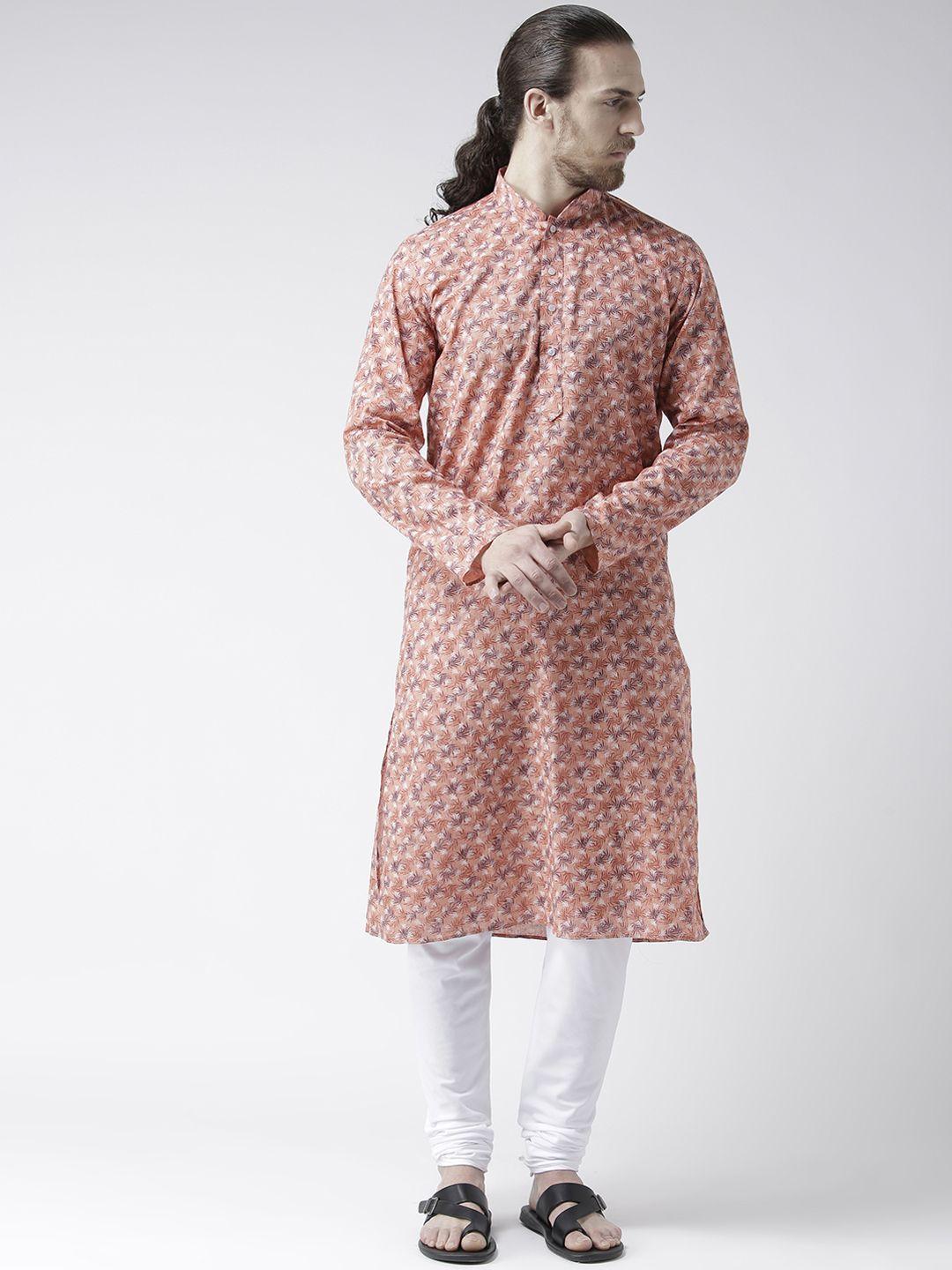 deyann men peach-coloured & white printed kurta with churidar