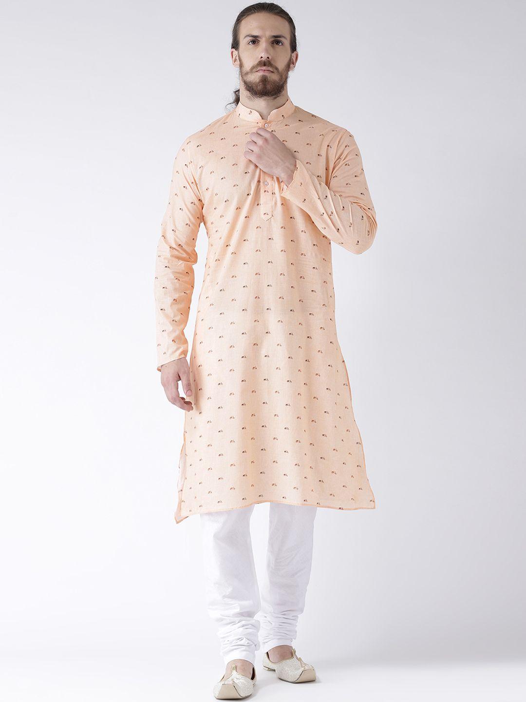 deyann men peach-coloured & white printed kurta with churidar