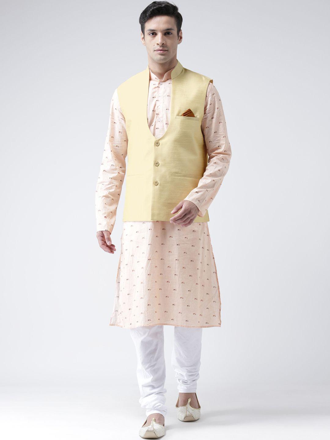 deyann men peach-coloured & white solid kurta with churidar & nehru jacket
