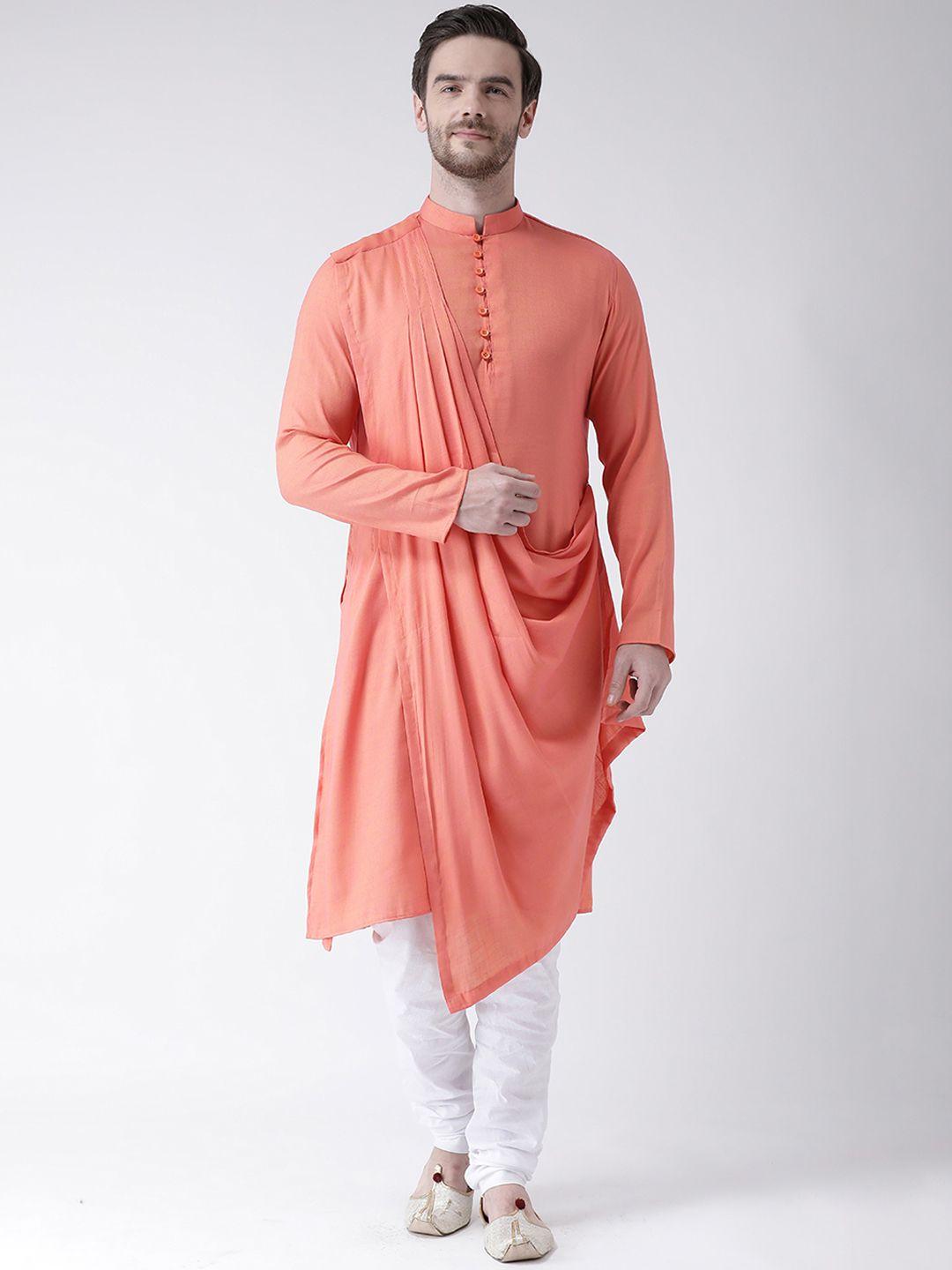 deyann men peach-coloured & white solid kurta with churidar