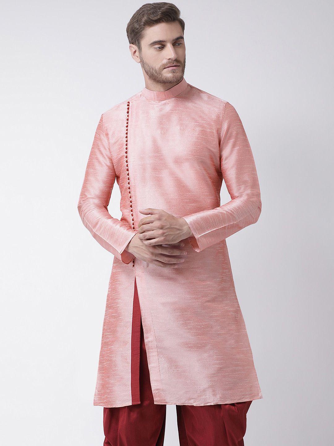 deyann men peach-coloured angrakha dupion silk kurta with patiala