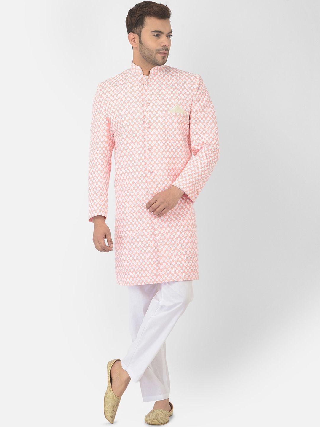 deyann men peach-coloured ethnic motifs embroidered chikankari pure cotton kurta with trousers