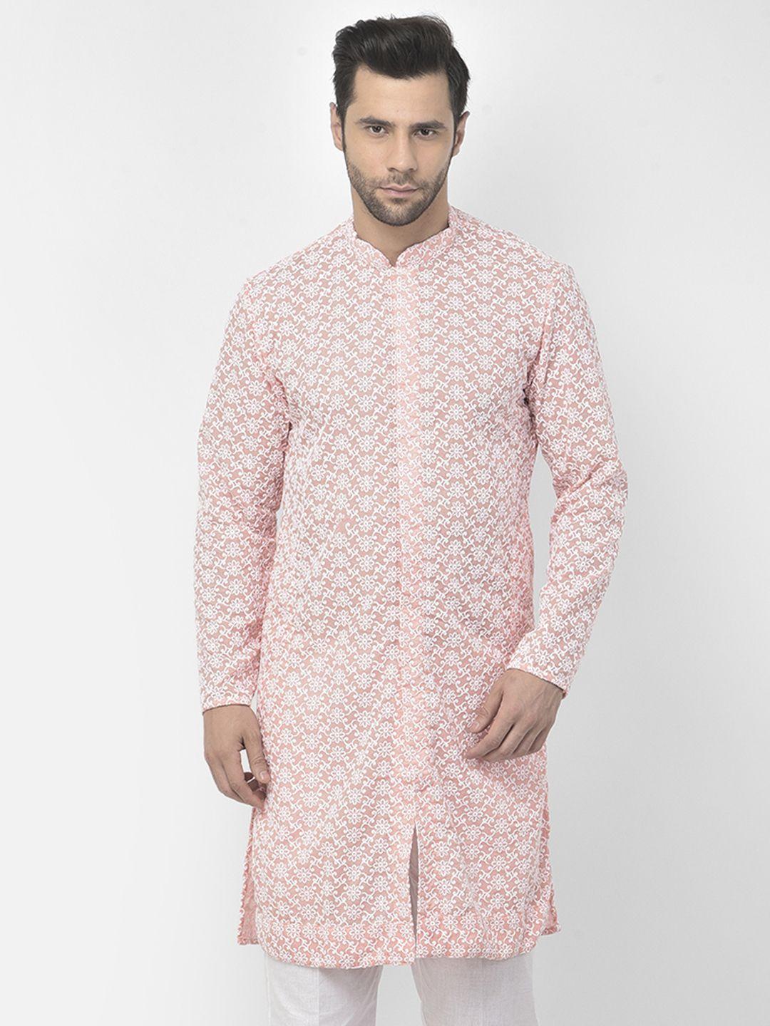 deyann men peach-coloured ethnic motifs embroidered pure cotton kurta with pyjamas