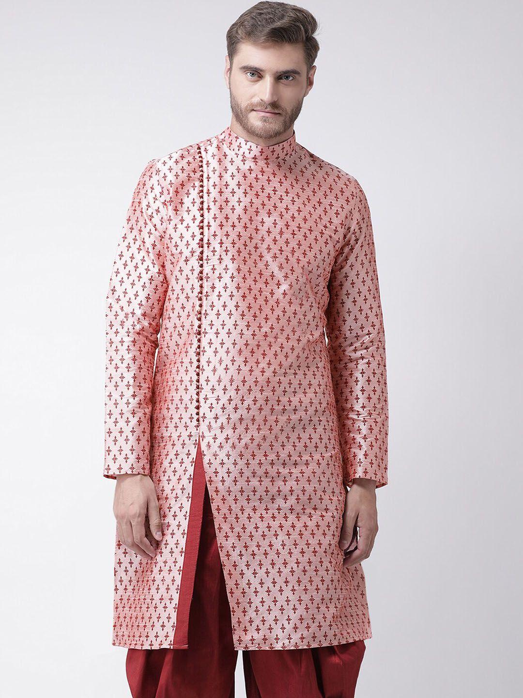 deyann men peach-coloured ethnic motifs printed angrakha dupion silk kurta with dhoti pant