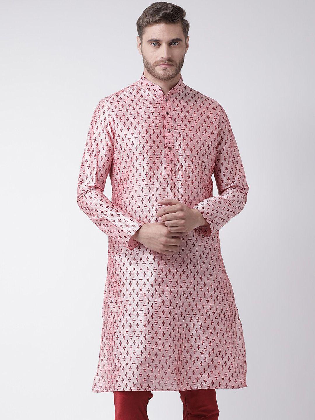 deyann men peach-coloured ethnic motifs printed dupion silk kurta with churidar