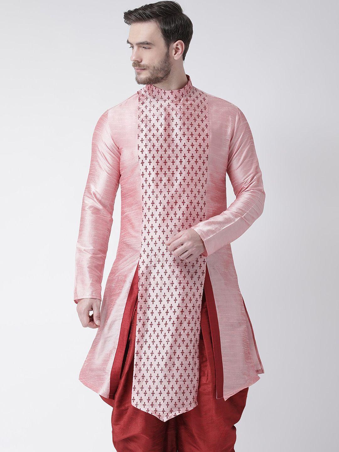 deyann men peach-coloured ethnic motifs printed layered dupion silk kurta with patiala