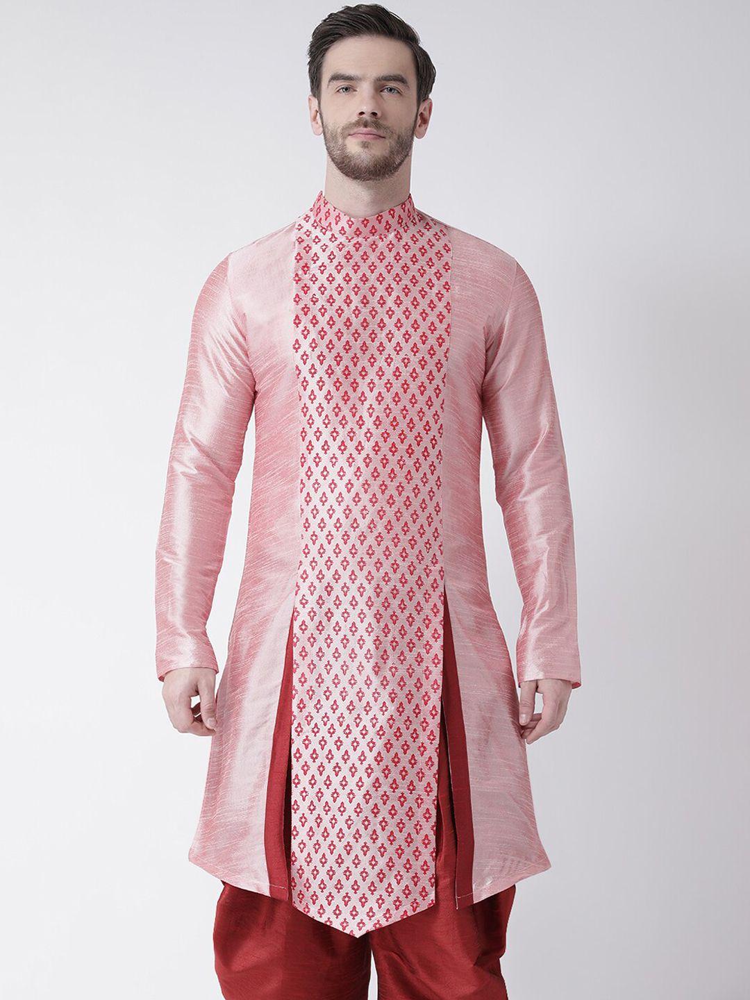 deyann men peach-coloured ethnic motifs printed panelled dupion silk kurta with dhoti pants