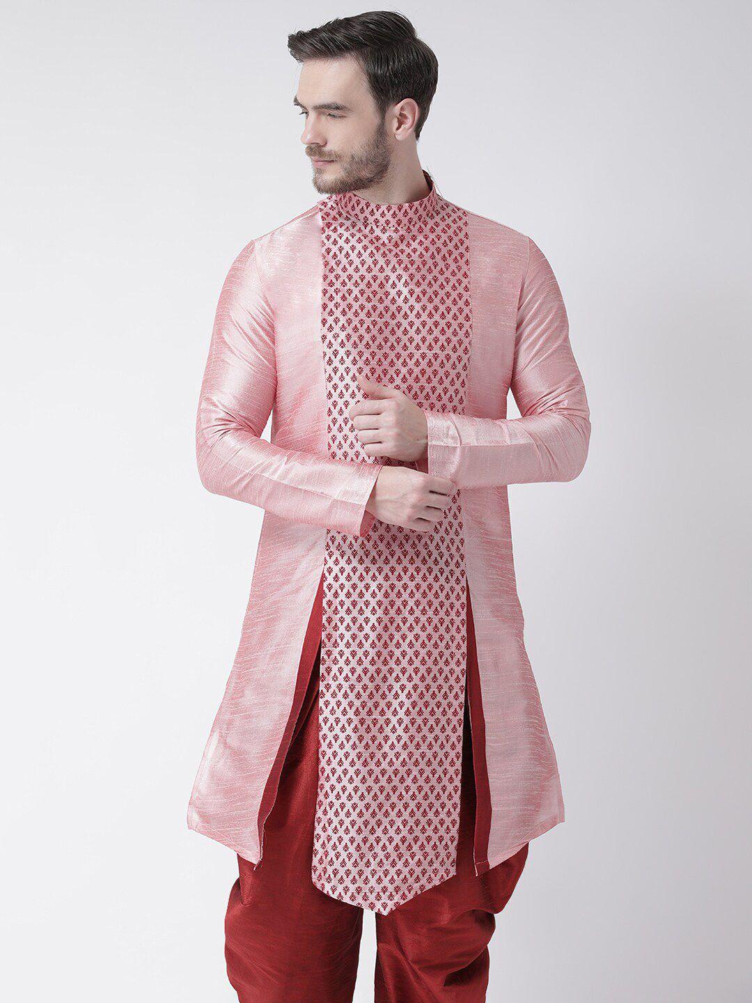 deyann men peach-coloured ethnic motifs printed panelled dupion silk kurta with dhoti pants