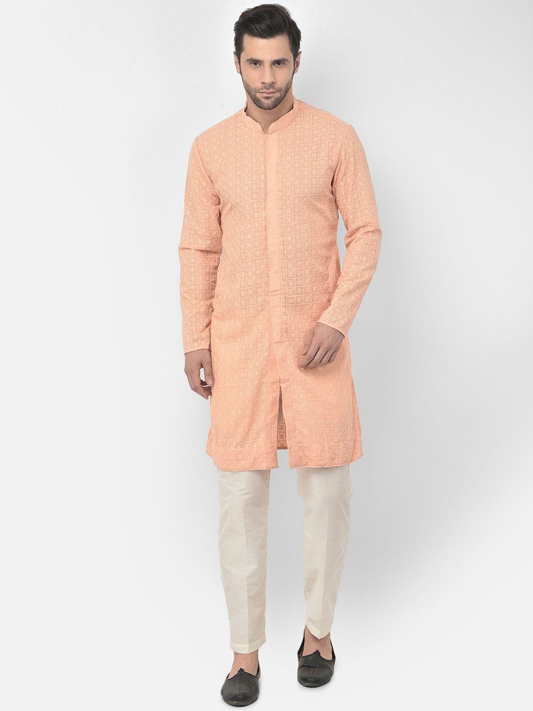 deyann men peach-coloured floral embroidered pure cotton kurta with pyjamas