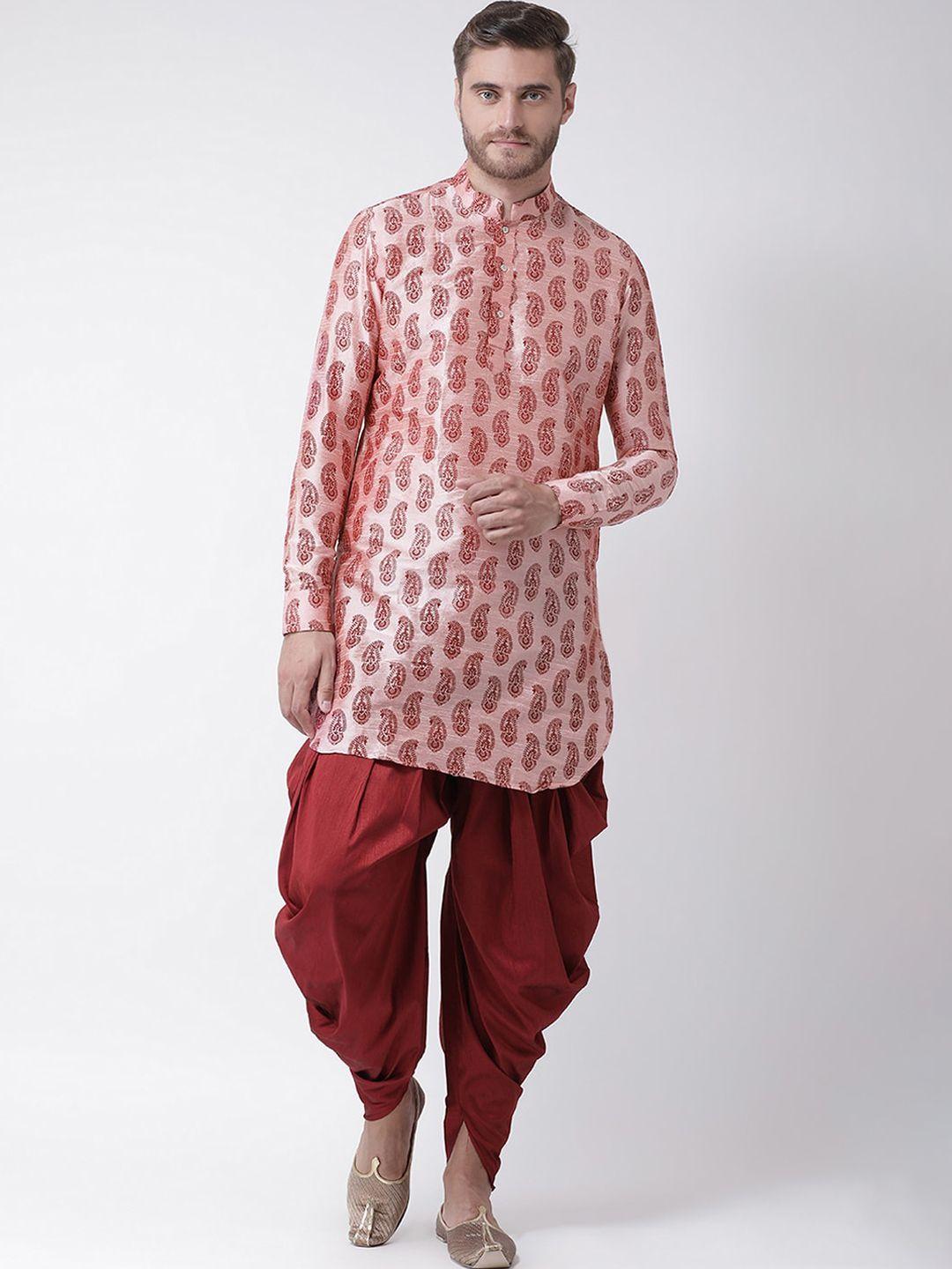 deyann men peach-coloured paisley printed dupion silk pathani kurta with dhoti pants