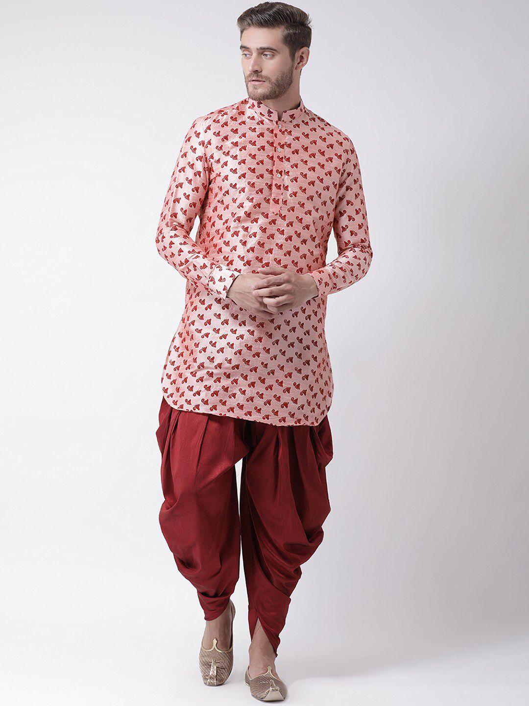 deyann men peach-coloured printed dupion silk kurta with dhoti pants