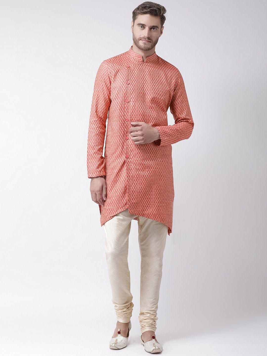 deyann men pink & cream-coloured self design kurta with churidar