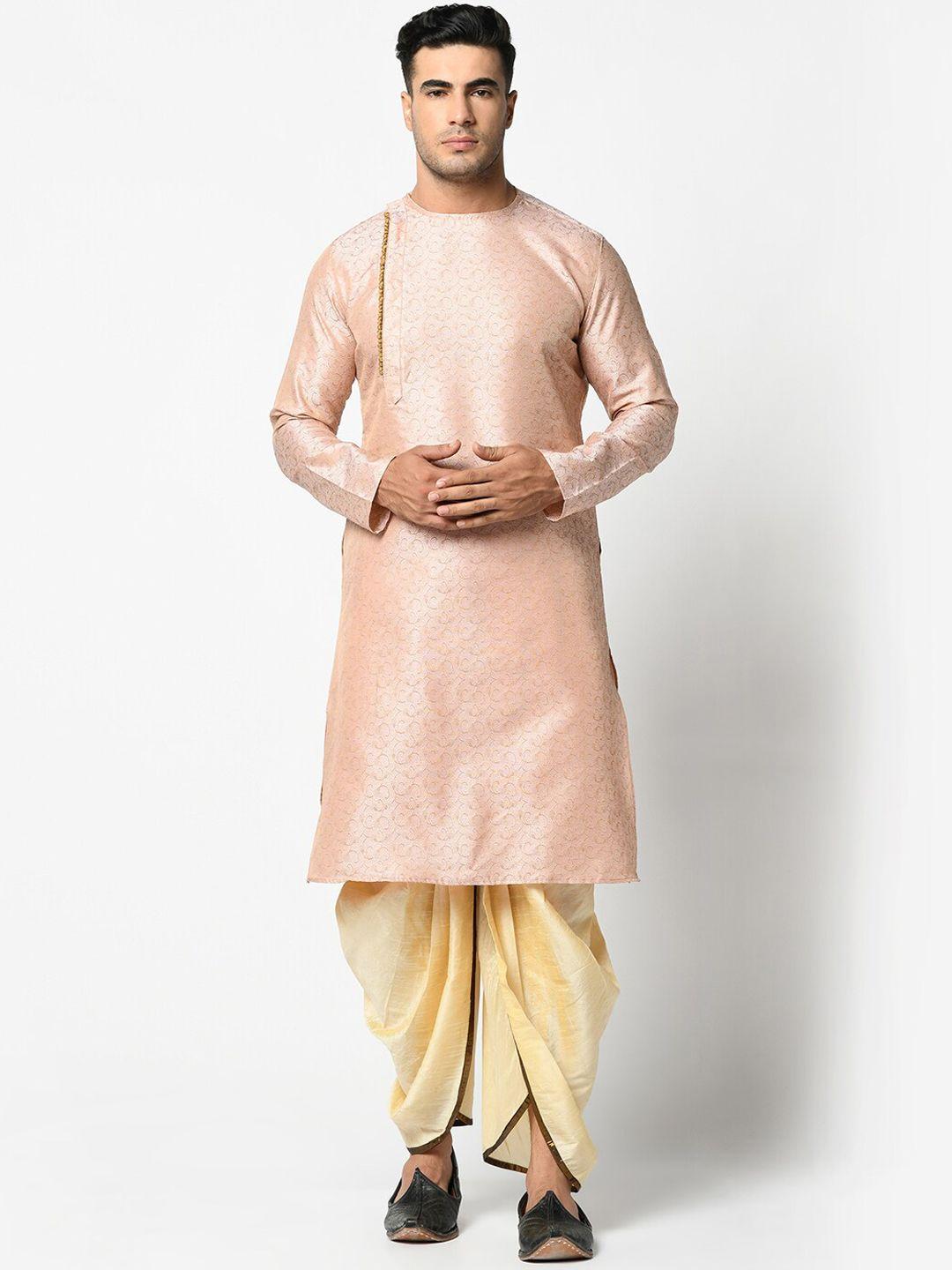 deyann men pink & cream-coloured self design kurta with dhoti pants