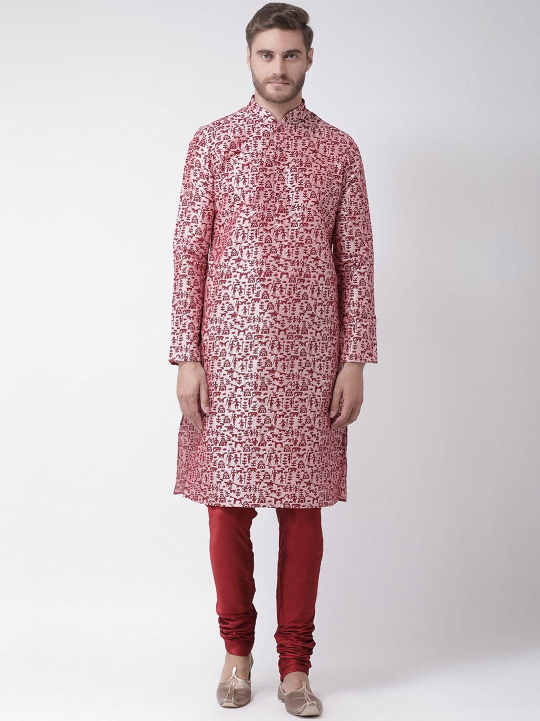 deyann men pink & maroon ethnic motifs dupion silk kurta with churidar