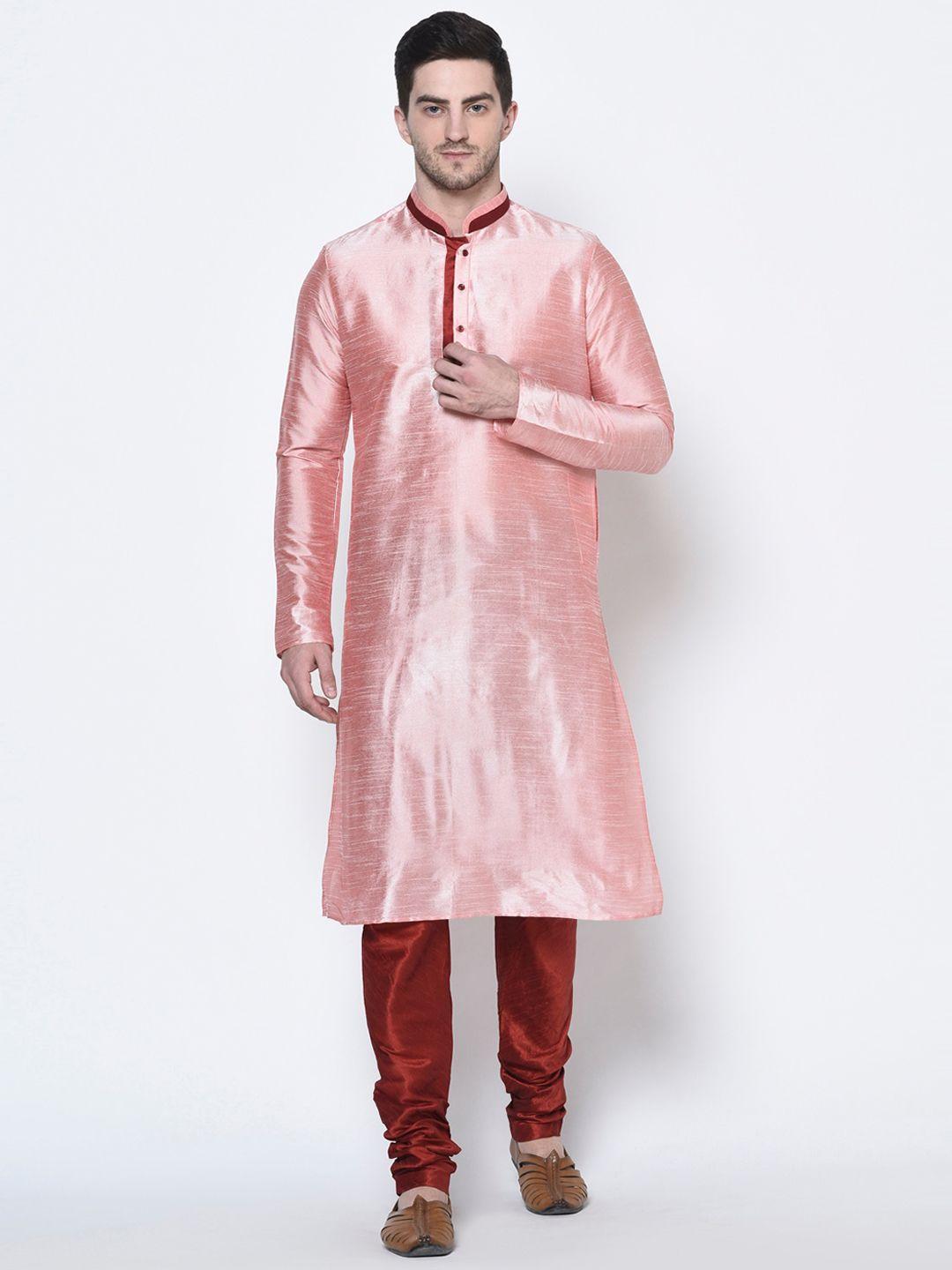 deyann men pink & red solid dupion silk kurta with churidar