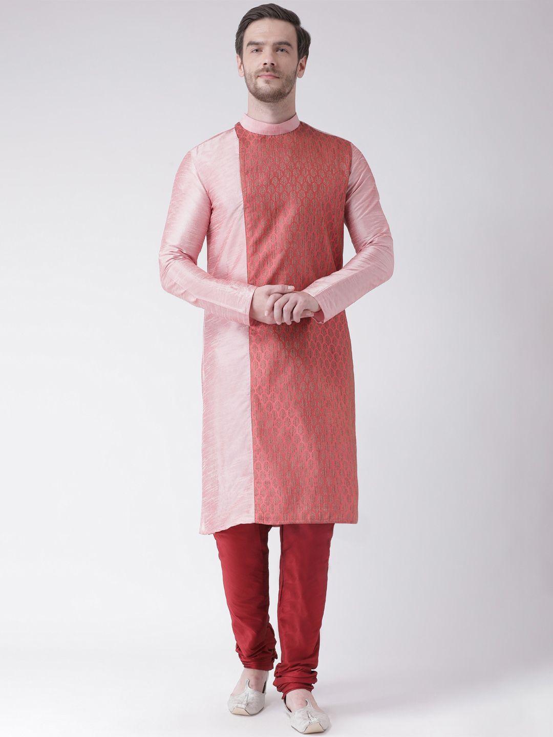 deyann men pink & red woven design kurta with churidar