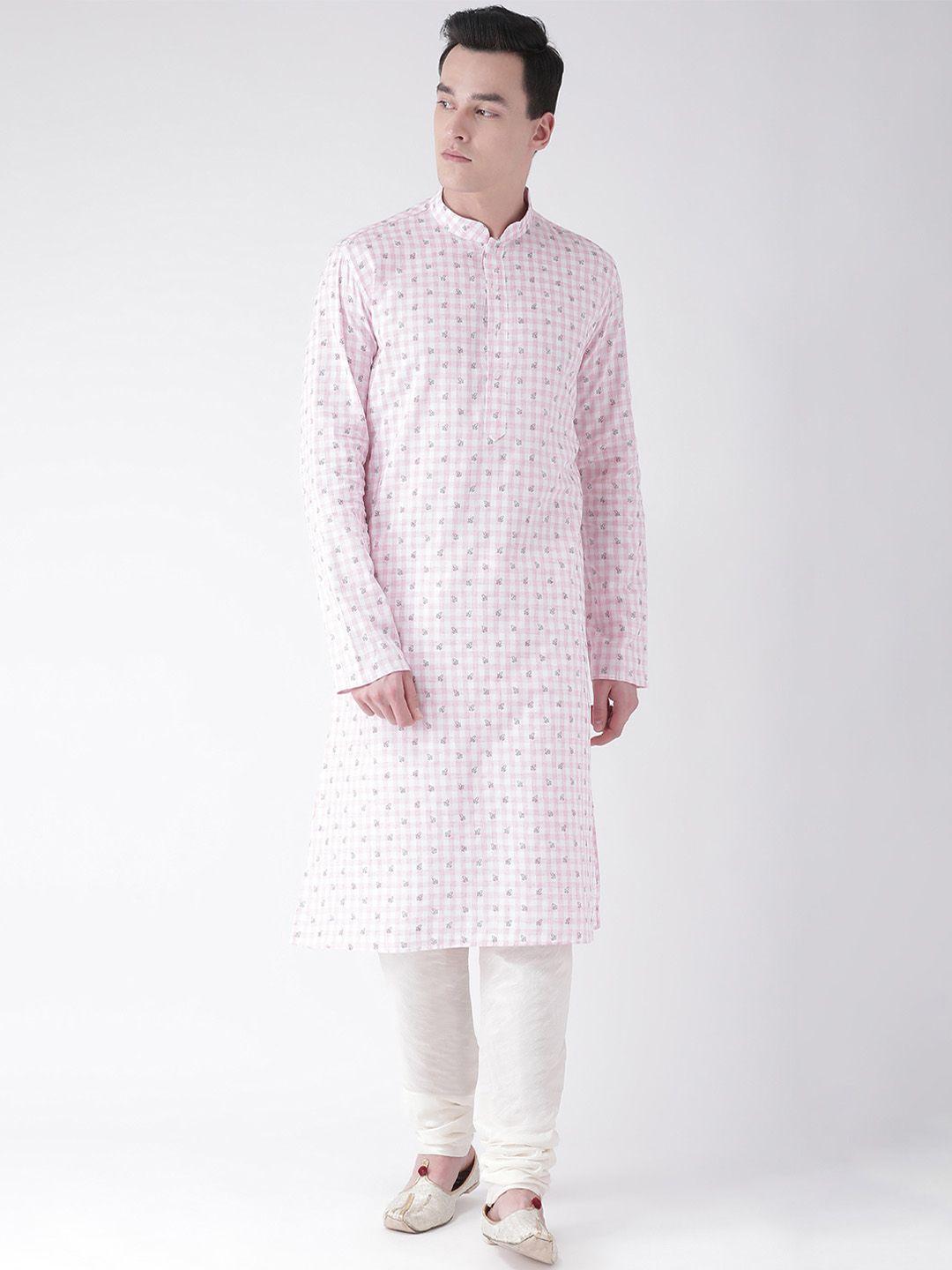 deyann men pink & white printed kurta with churidar