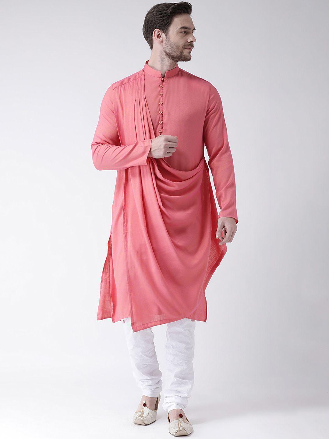 deyann men pink & white solid kurta with churidar & attached dupatta