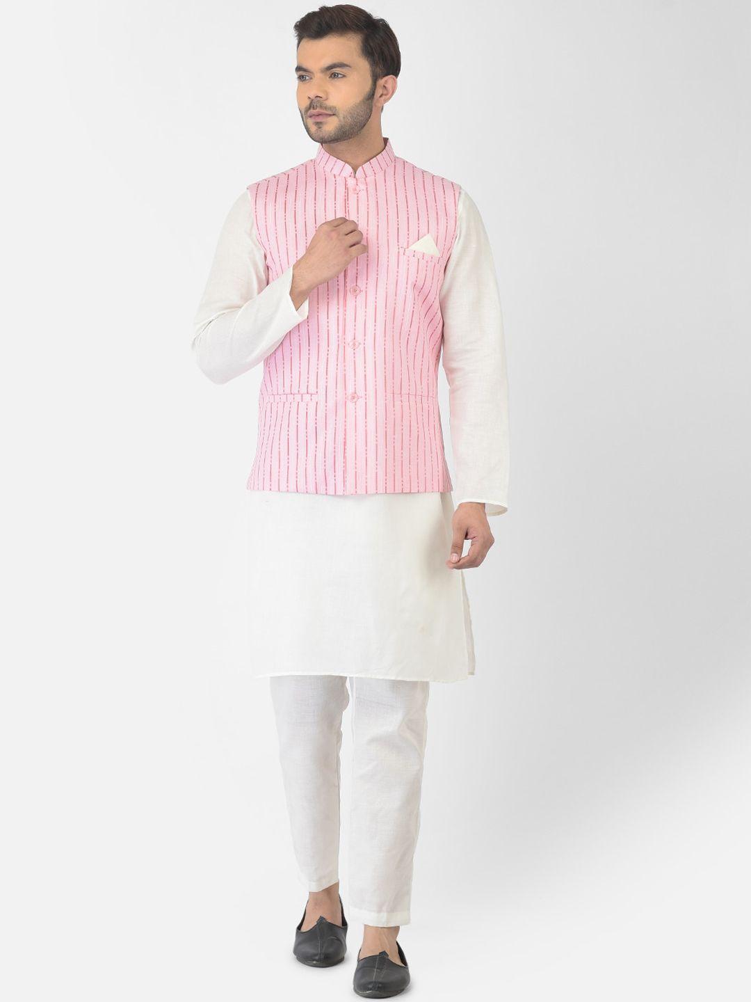 deyann men pink & white striped layered pure cotton kurta with trousers & nehru coat