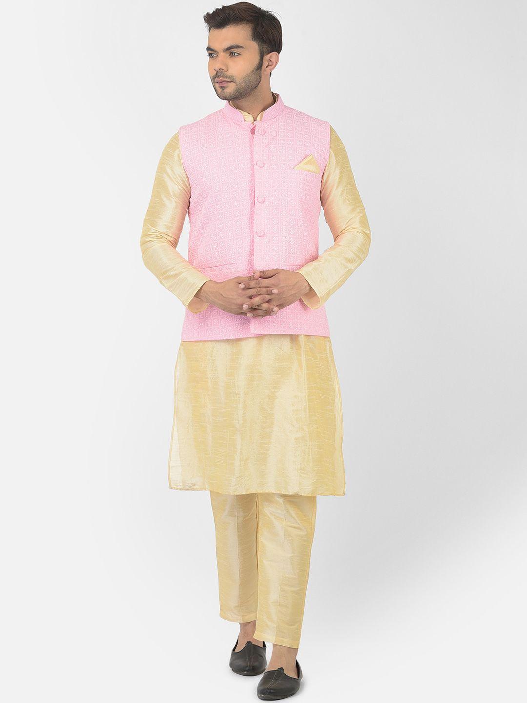 deyann men pink & yellow layered kurta with trousers & nehru coat