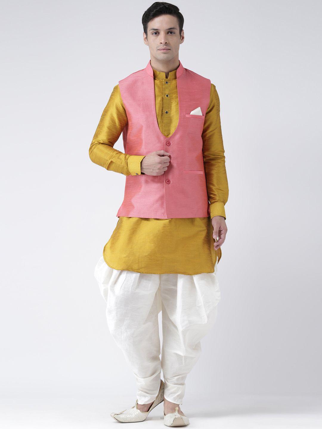 deyann men pink & yellow solid kurta with patiala