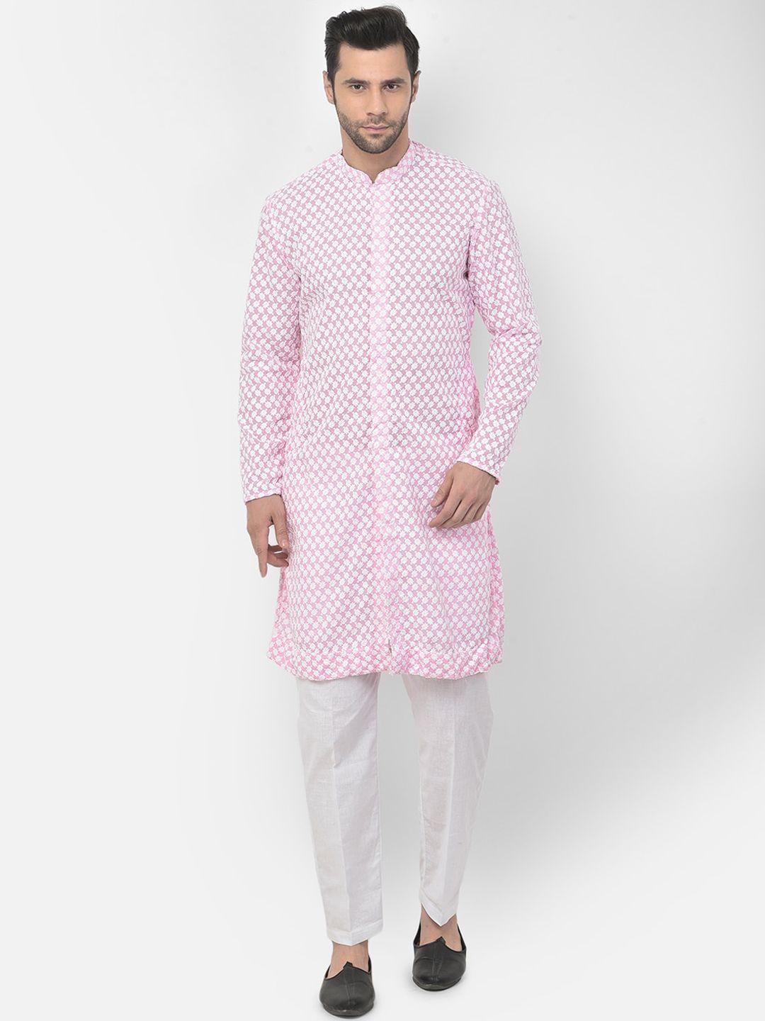 deyann men pink ethnic motifs embroidered pure cotton kurta with trousers