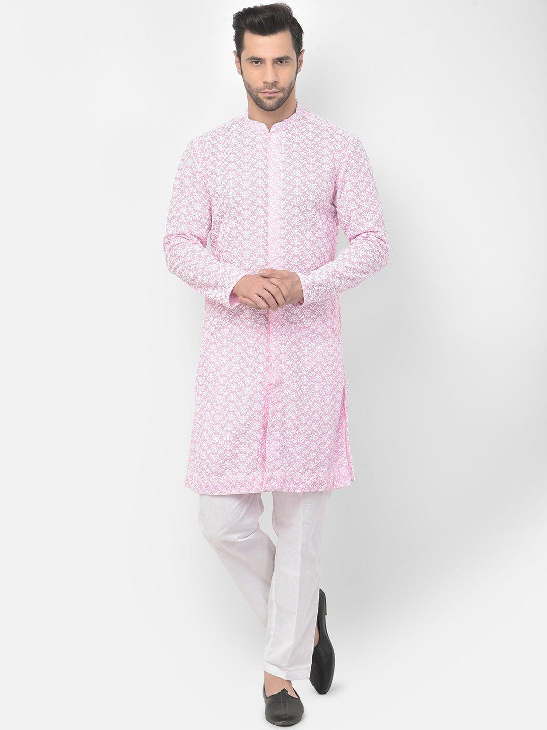 deyann men pink floral embroidered pure cotton kurta with pyjamas