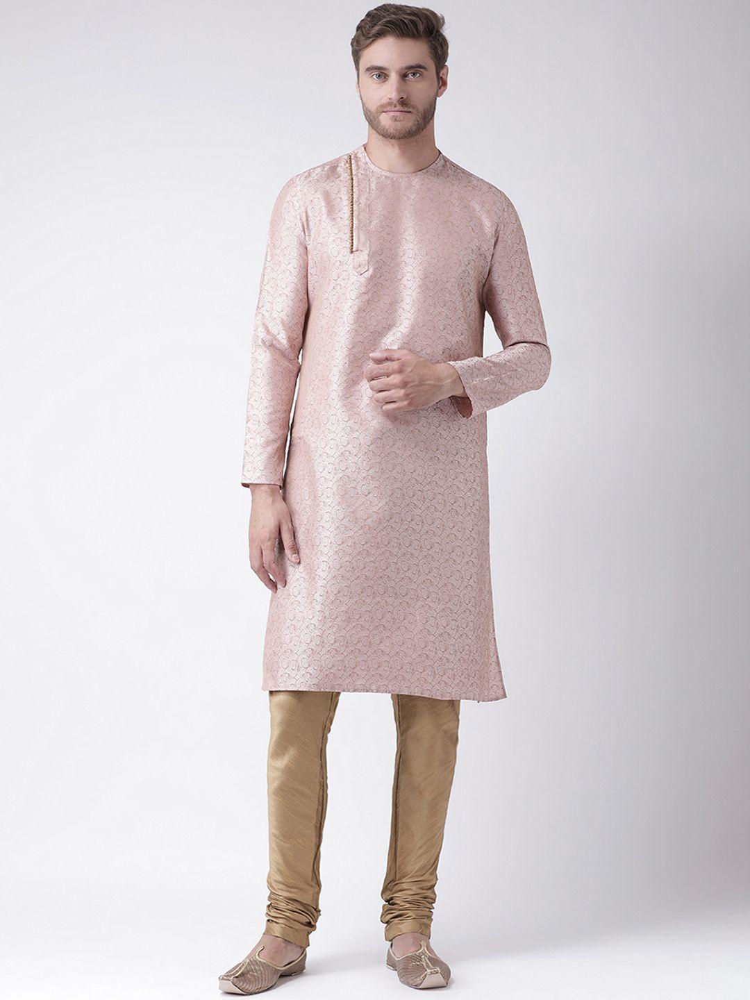 deyann men pink woven design straight kurta