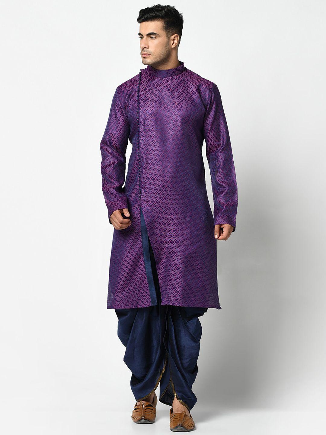 deyann men purple & navy blue woven design kurta with patiala