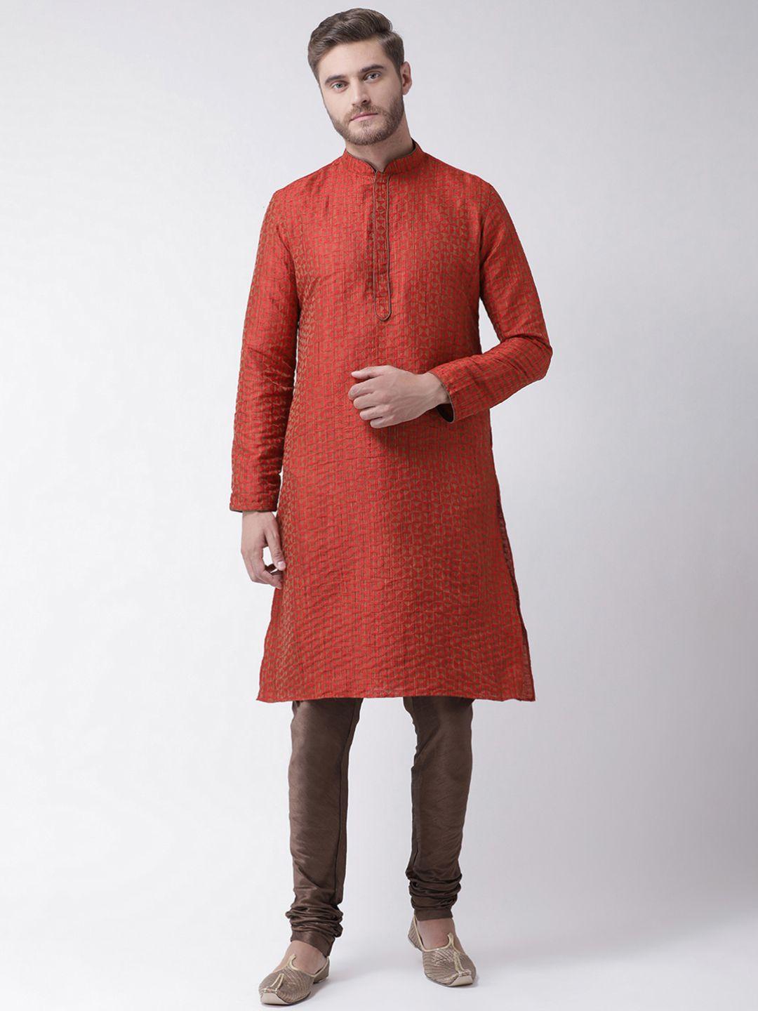 deyann men red & brown self design kurta with churidar