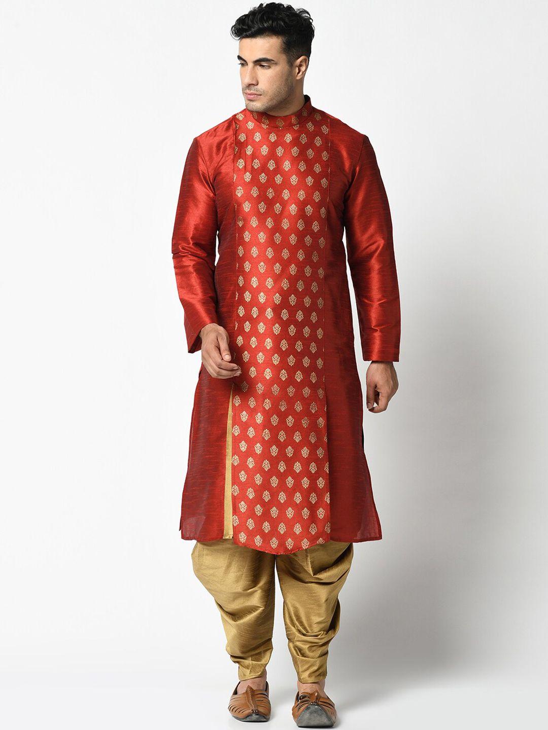 deyann men red & brown woven design kurta with dhoti pants