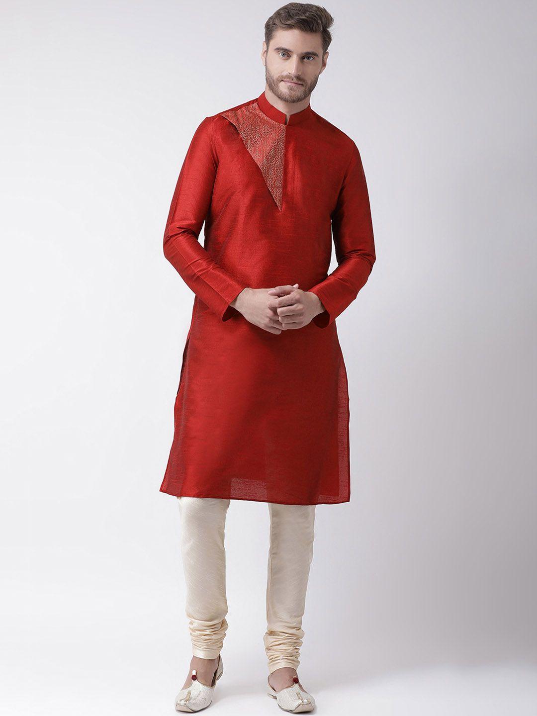 deyann men red & cream-coloured self design kurta with churidar