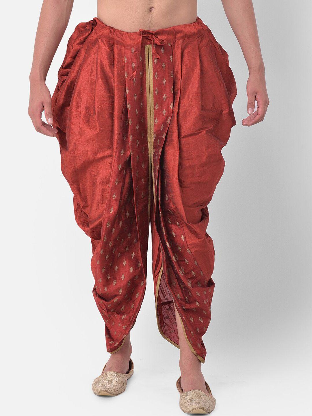 deyann men red & gold-toned printed dupion silk dhoti pant