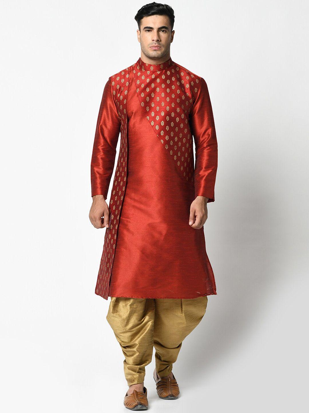 deyann men red & gold-toned solid kurta with dhoti pants