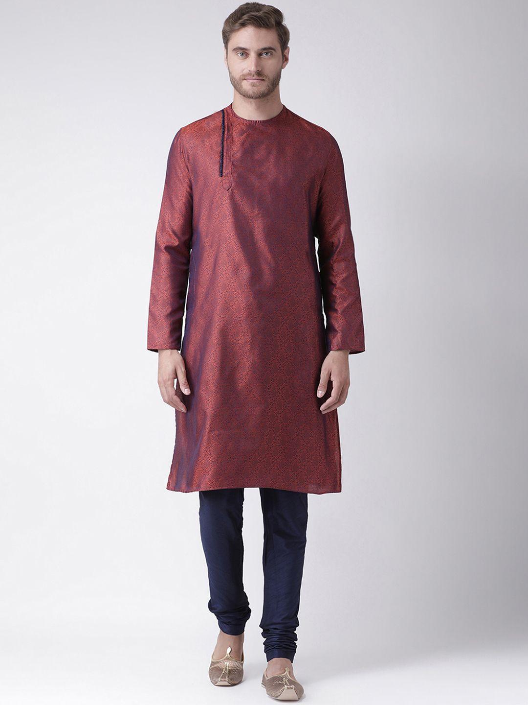 deyann men red & navy blue self design kurta with churidar