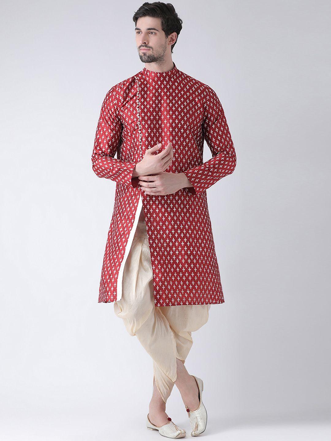 deyann men red & red printed dupion silk straight kurta