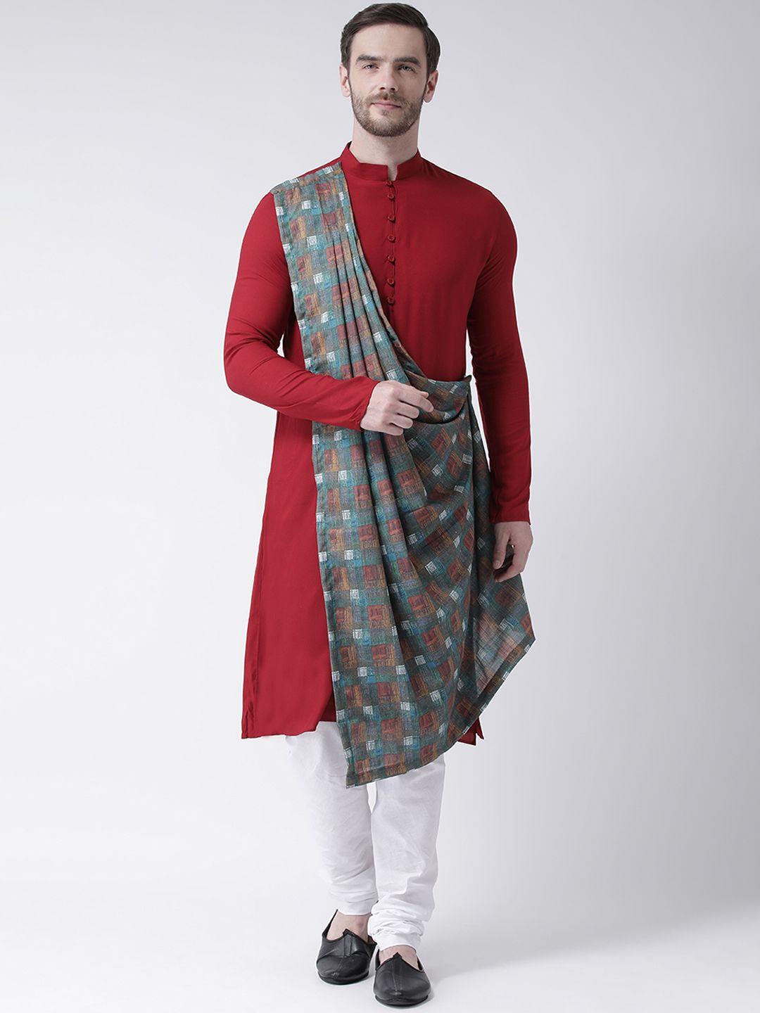 deyann men red & white printed kurta with churidar & attached dupatta