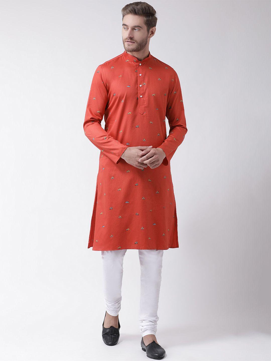 deyann men red & white printed kurta with churidar