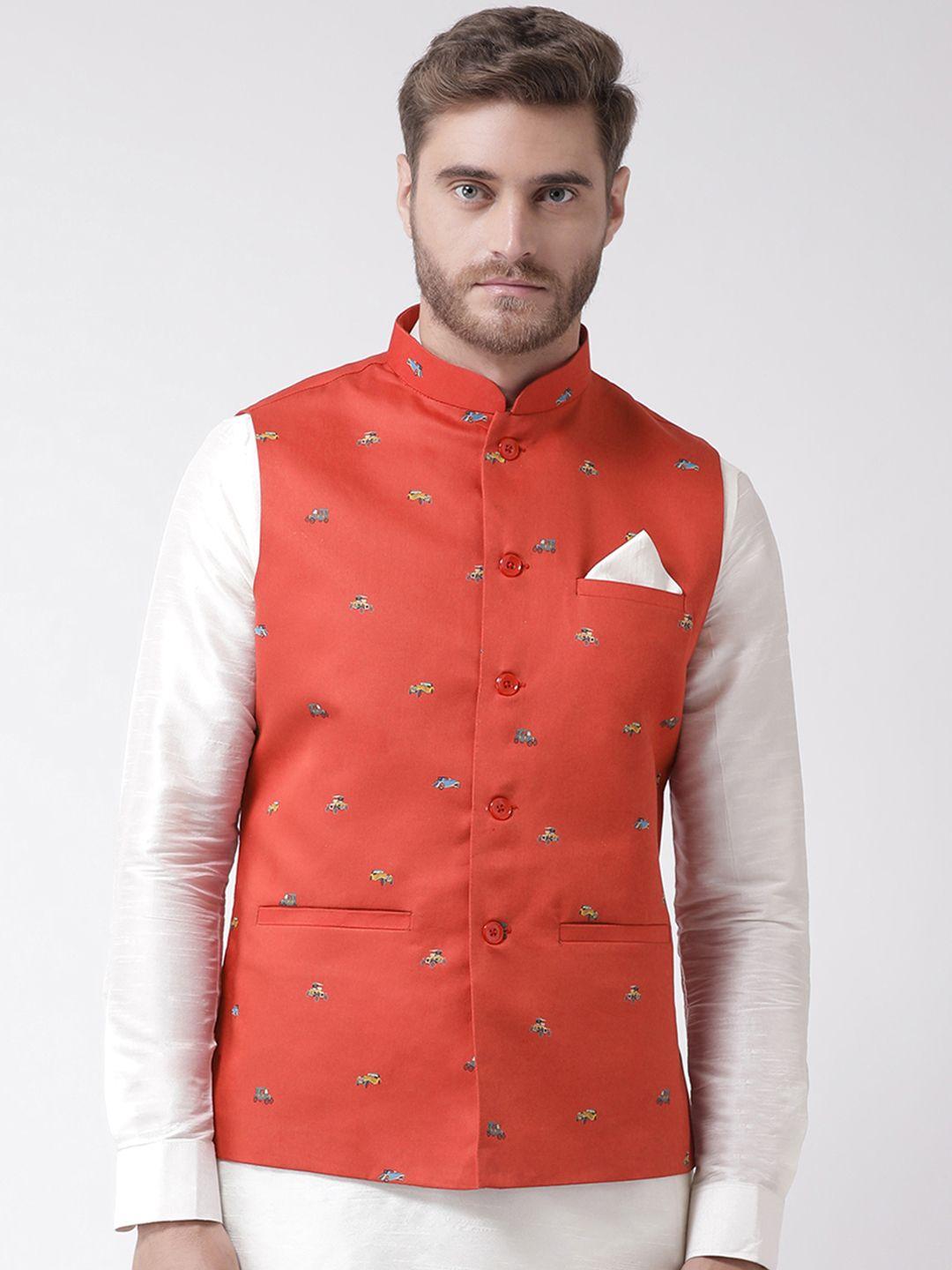 deyann men red printed cotton linen nehru jacket