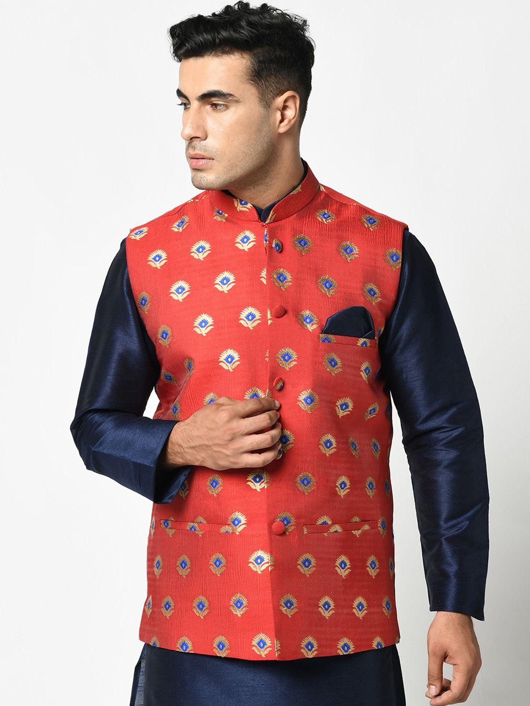 deyann men red woven design silk blend nehru jacket