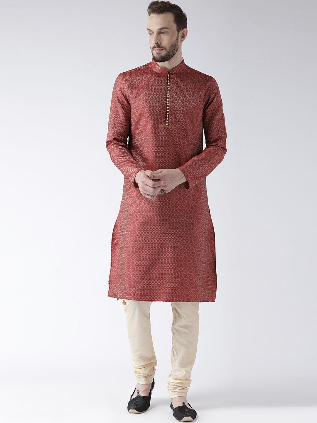 deyann men red woven design straight kurta