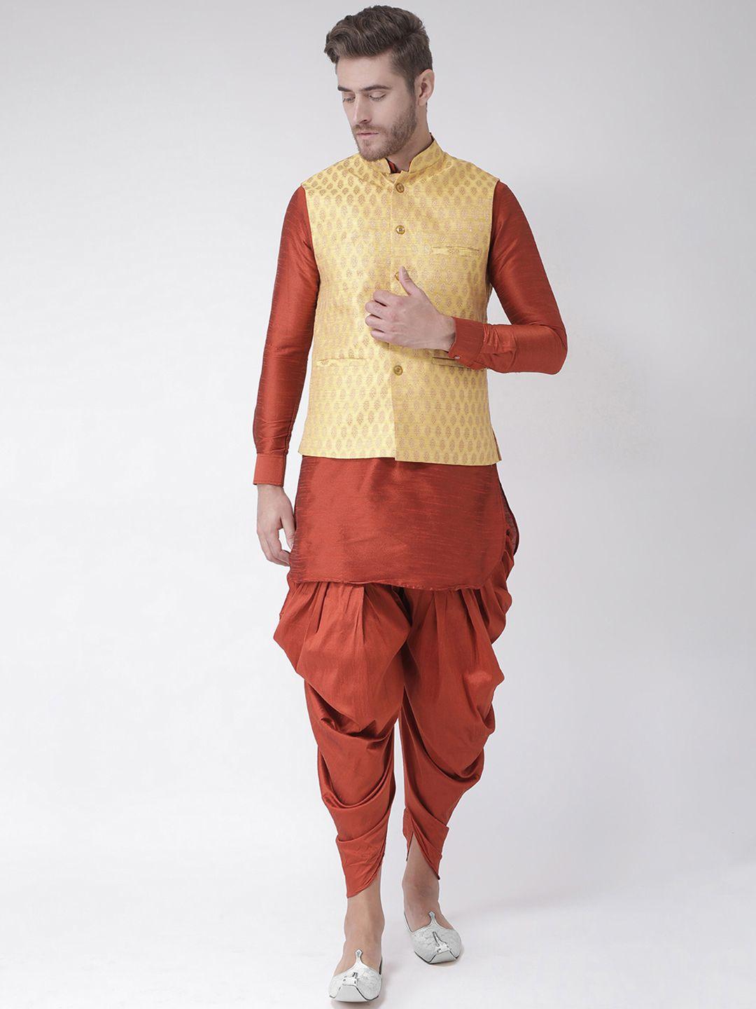 deyann men rust brown solid kurta with patiala & nehru jacket
