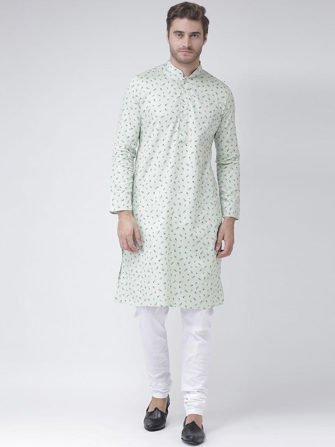 deyann men sea green & white printed kurta with churidar