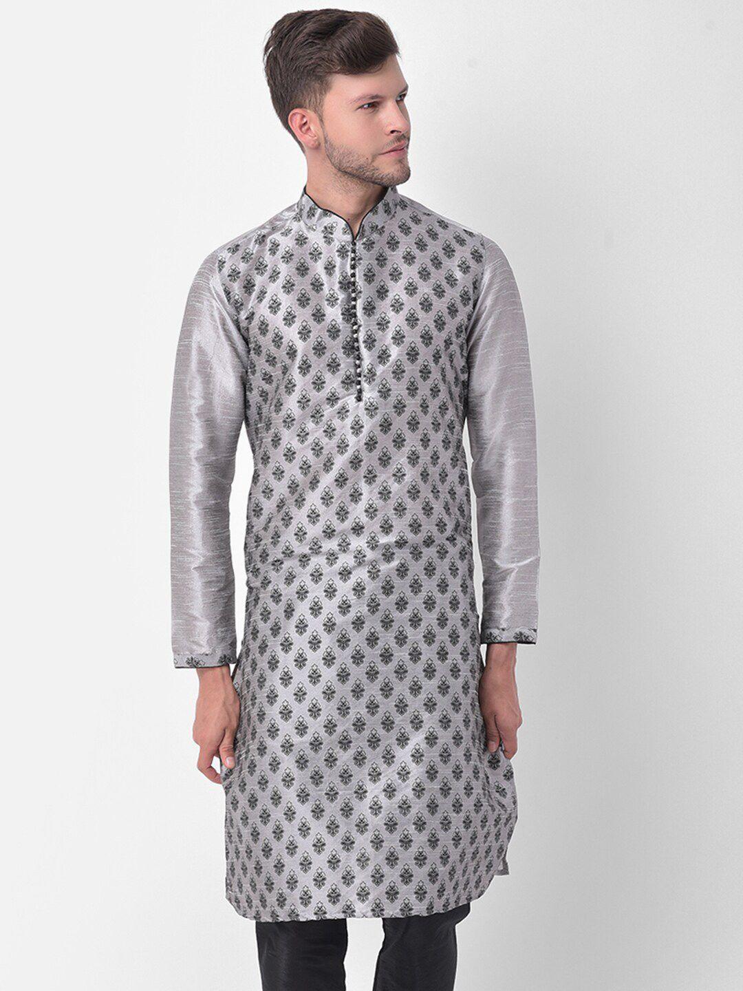 deyann men silver-coloured & black ethnic motifs printed dupion silk kurta with churidar