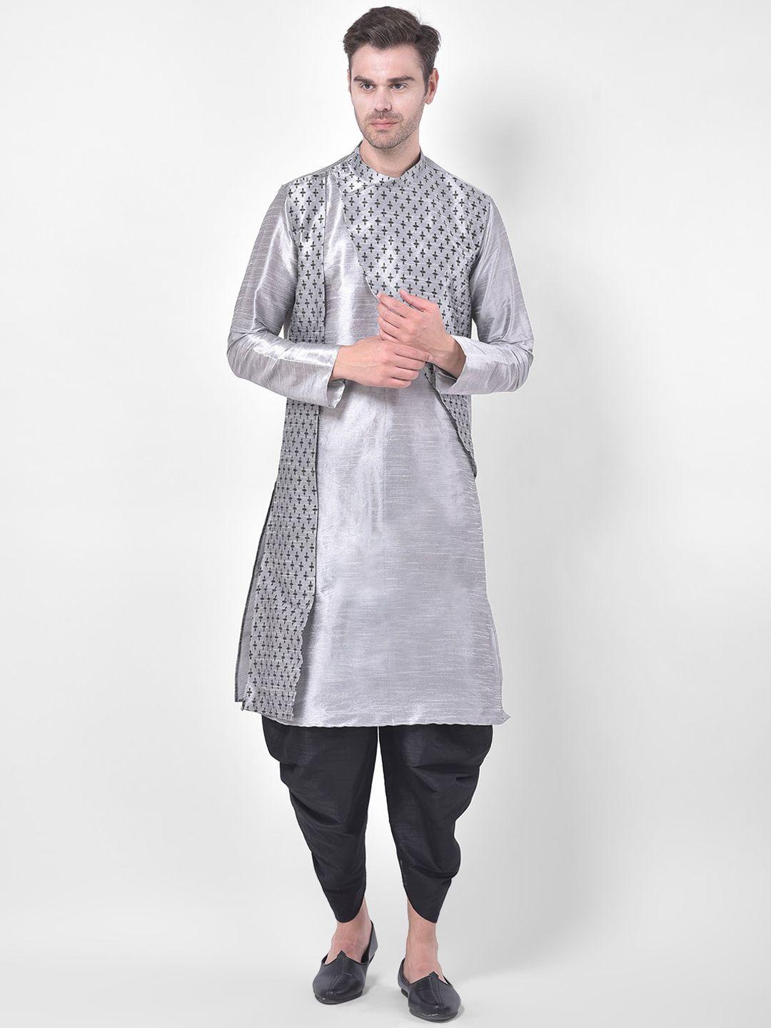 deyann men silver-toned & black angrakha straight dupion silk kurta with patiala