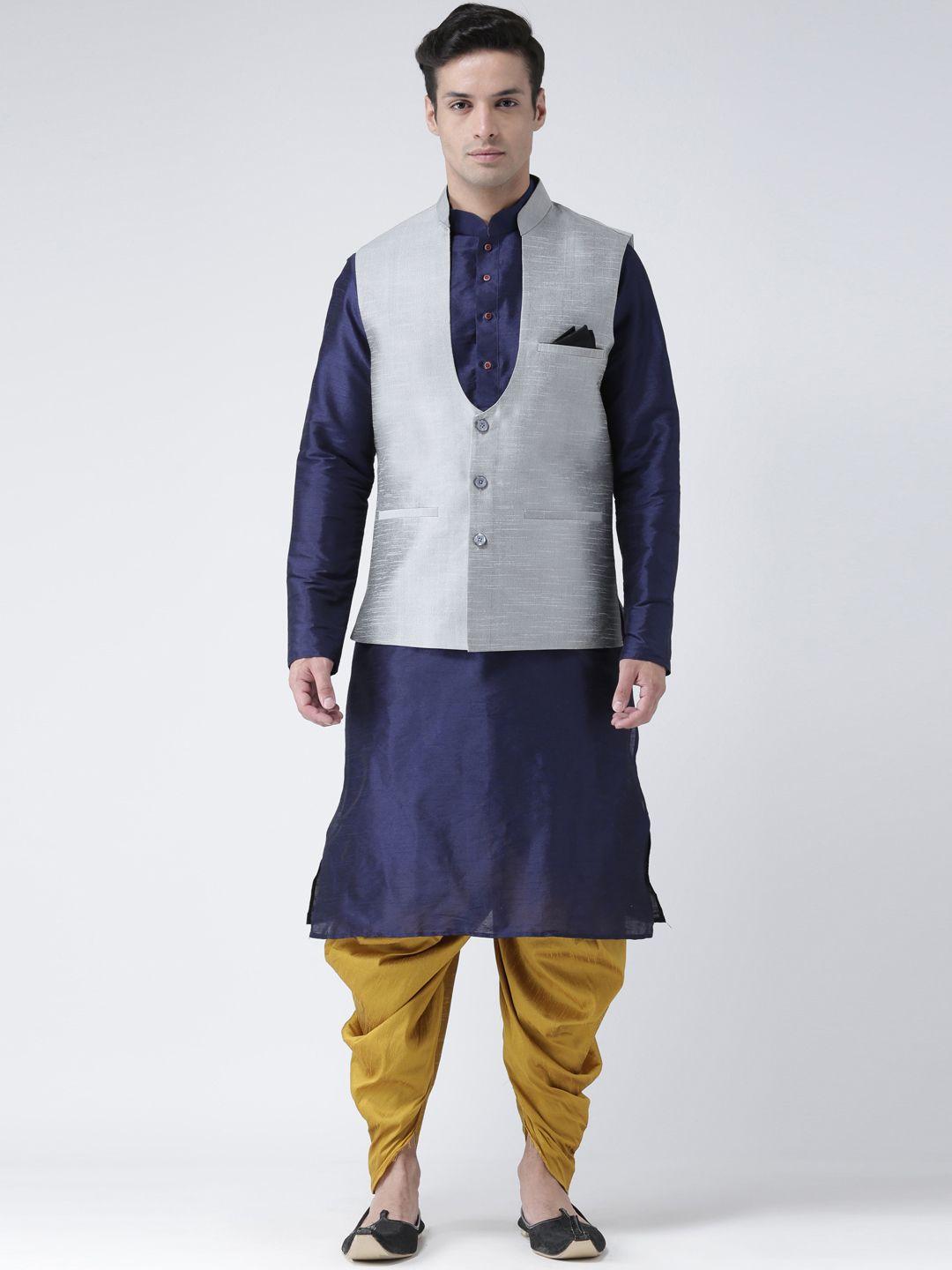 deyann men silver-toned & navy blue solid kurta with patiala