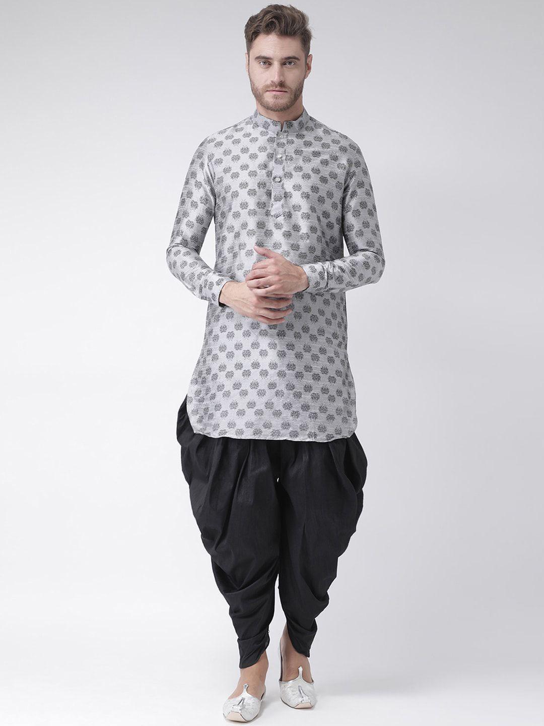 deyann men silver-toned floral printed dupion silk kurta with patiala